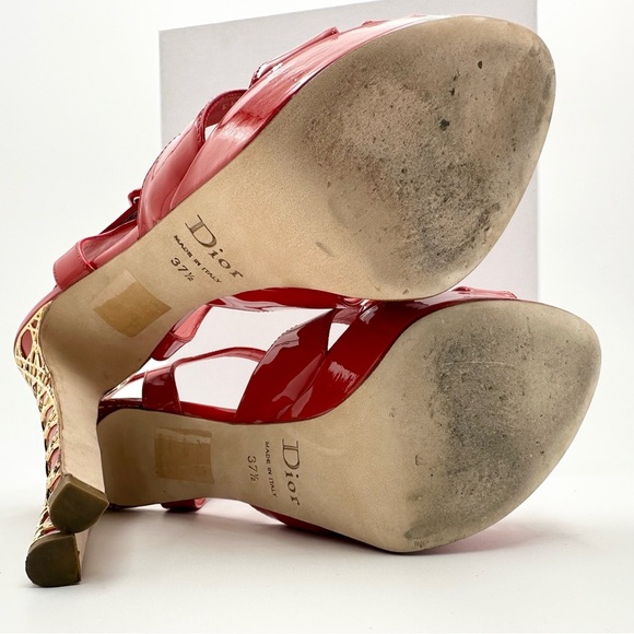 Dior Metal Cannage Strappy Peep Toe Heels Red Patent Leather - Picture 13 of 16